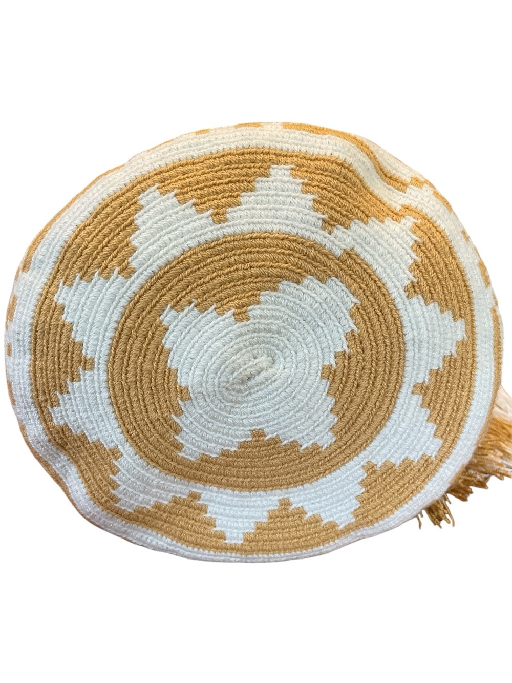 Wayuu Mochila bag Handwoven Tote Bag Cream & Mustard floral & Tassel design. - Picture 9 of 12
